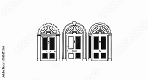 Three grand neoclassical doorways with fanlights and ornate details