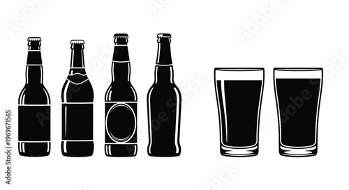 Black silhouette of beer bottles and glasses on transparent background