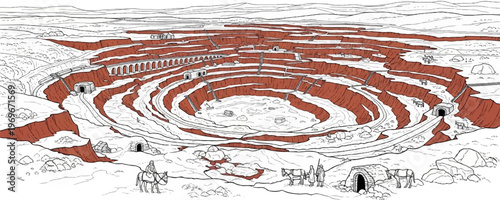 Terraced open-pit mine with tunnels, arched structures, and figures with animals