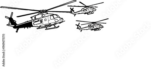 Three helicopters with rotors spinning, in a black and white illustration