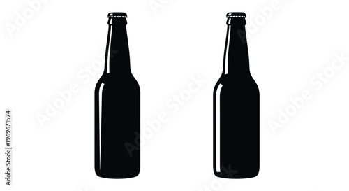 Two black beer bottles side by side on transparent background silhouette