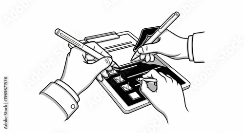 Three hands collaboratively fill out a checklist on a clipboard