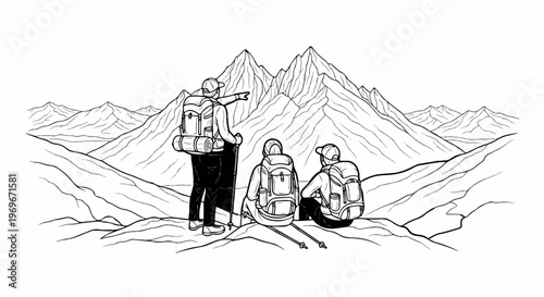 Three hikers, one pointing, overlook vast mountain range