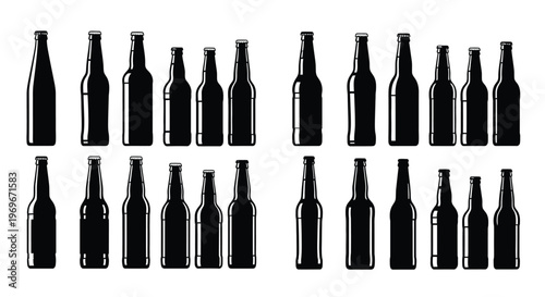 Collection of black beer bottles in various shapes on transparent background silhouette