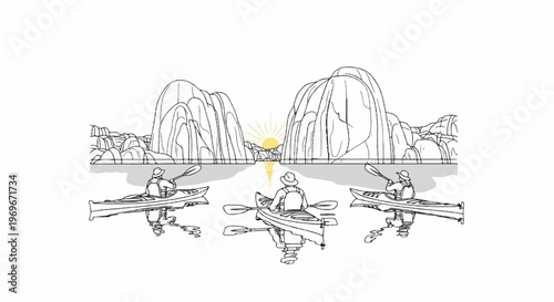 Three kayaks glide on calm water toward majestic rock formations at sunrise