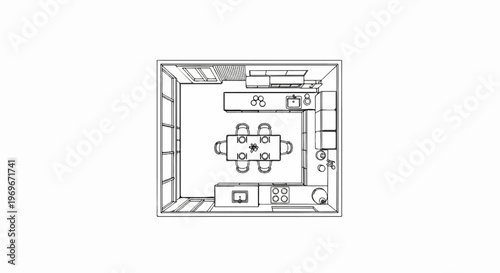 Top-down sketch of a modern kitchen and dining area with island