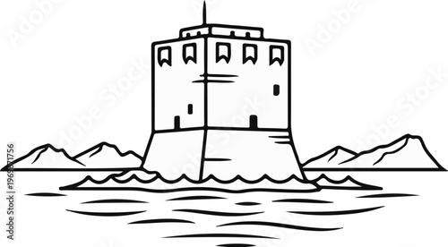 Tower on water with mountains and flags