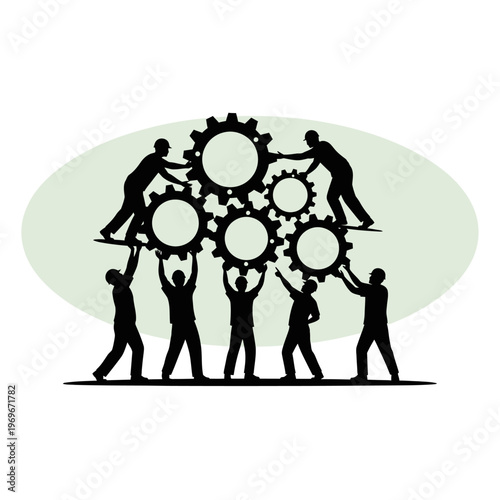 Teamwork and collaboration: people building a gear mechanism, concept of synergy and success