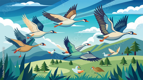 Birds fly over a green landscape with trees and mountains in the background under a blue sky with clouds