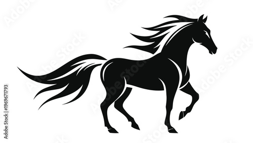 Running horse silhouette with flowing mane and tail in a simple black design on white background