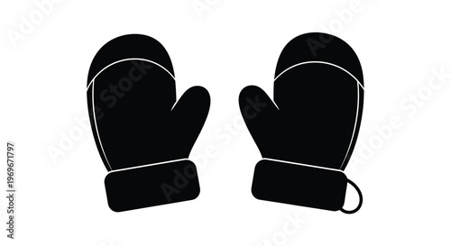 Pair of black winter mittens a minimalist design on transparent background silhouette