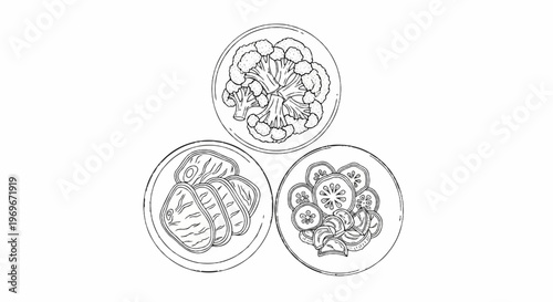 Three plates of food broccoli, steak, and sliced vegetables in a line formation