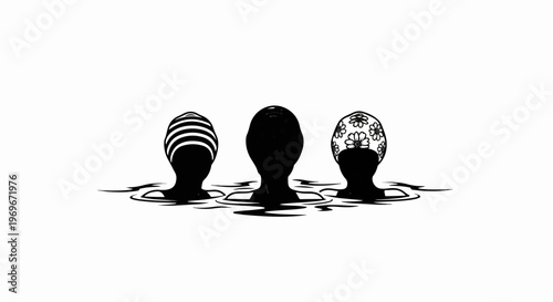 Three silhouetted figures wearing patterned swim caps emerge from water
