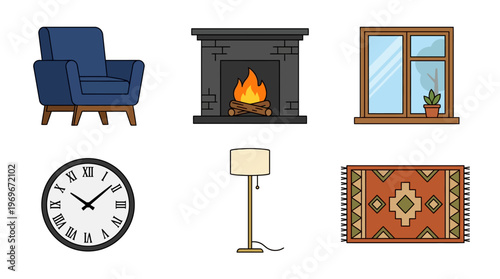Various home decor items including chair, fireplace, window, clock, lamp, and rug on white background