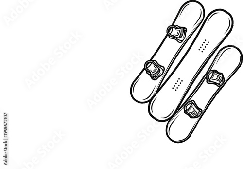 Three snowboards with bindings, sketched in a minimalist black and white outline style