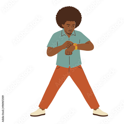 Man dancing energetically wearing orange pants and teal shirt in studio