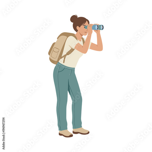 Woman uses binoculars while traveling with a backpack on her back outside.
