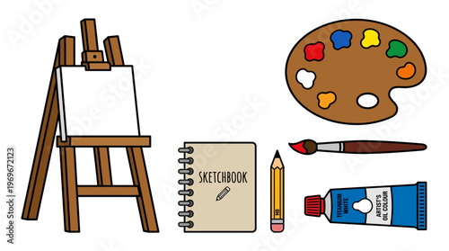 Painting tools and supplies on a white background including easel and canvas