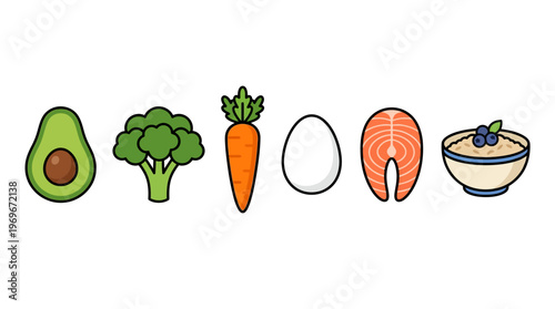 Healthy food icons including avocado, broccoli, carrot, egg, salmon, and oatmeal bowl