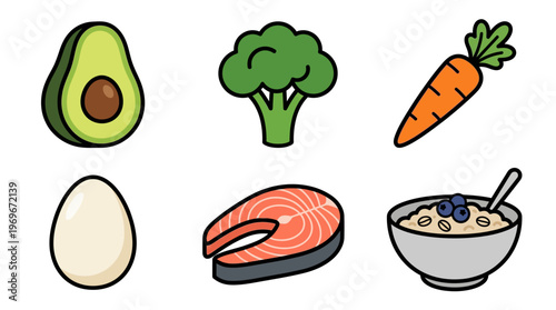 Healthy food icons including avocado, broccoli, carrot, egg, salmon and oatmeal with fruit