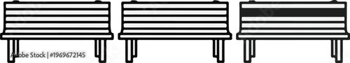 Three stylized benches, one with a dark stripe and one with a small dark spot
