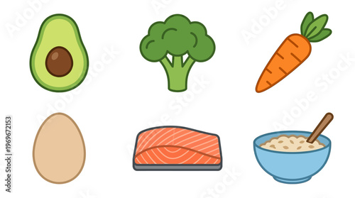 Healthy food icons including avocado, broccoli, carrot, egg, salmon, and oatmeal bowl