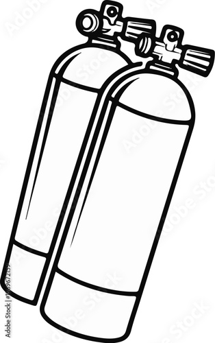 Two air tanks with valves for diving or industrial use