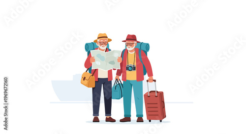 Flat vector illustration of two senior men traveling together with backpacks, a rolling suitcase, and a camera while holding a paper map, isolated on a white background.