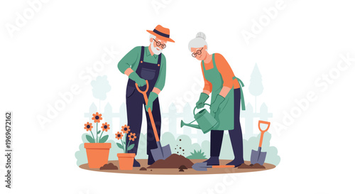 A flat vector illustration of an elderly man and woman gardening together. The man uses a shovel while the woman waters plants with a watering can near a white picket fence.