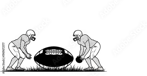 Two athletes in uniform prepare to play American football on a grassy field