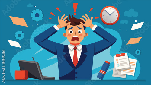 Man holding head in stress at desk with clock, documents, and gears working in background at office in afternoon