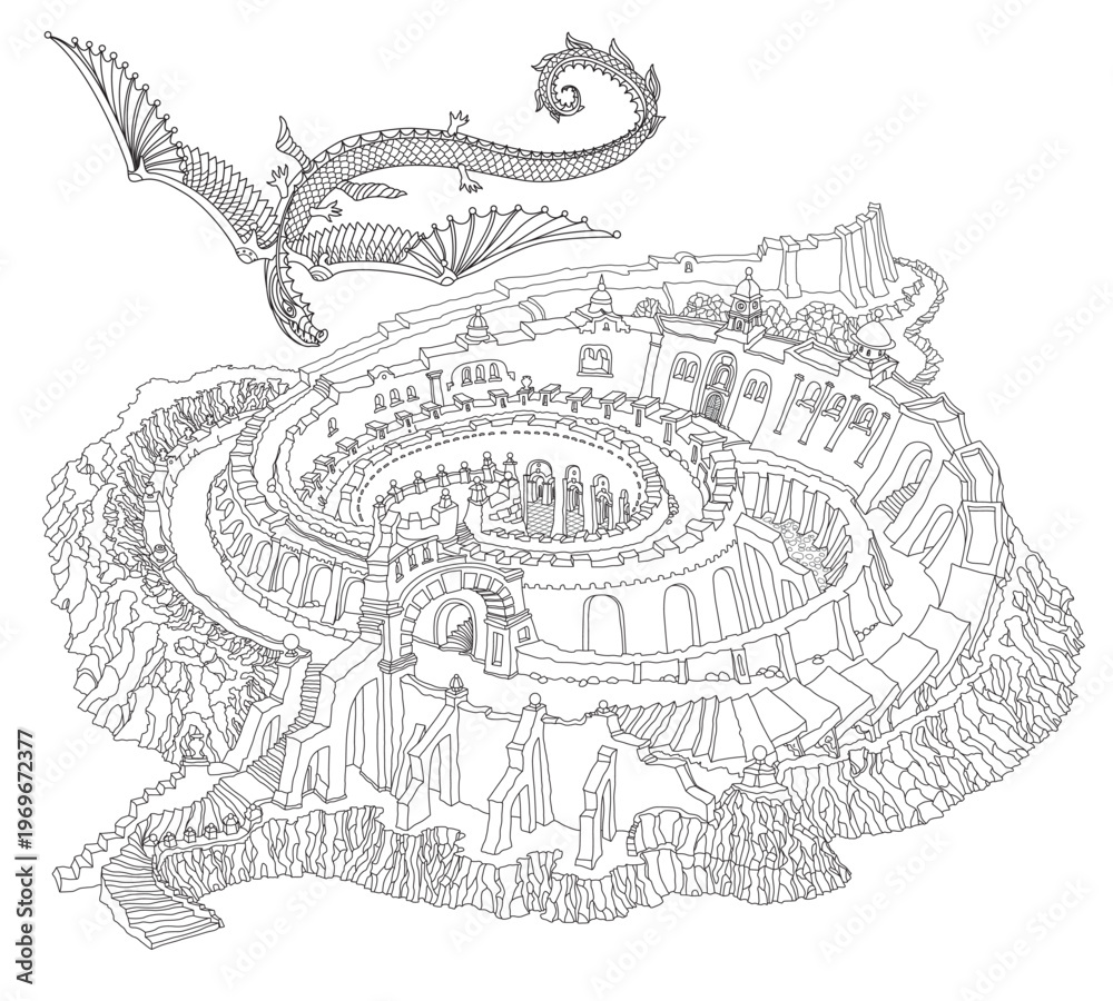 Obraz premium Black and white fantasy landscape, medieval castle and flying dragon. Adults and children Coloring Book page