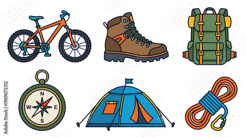 Outdoor adventure gear icons including bicycle, boot, backpack, compass, tent, rope