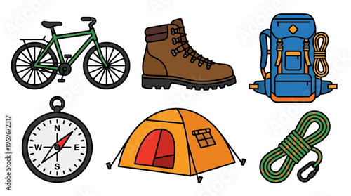 Camping and cycling equipment collection with bike and gear