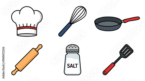 Cartoon kitchen utensils and chef hat on white background for cooking and recipe design