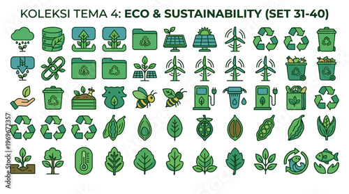Eco friendly icons set with green leaves and recycling symbols for sustainability and conservation themes