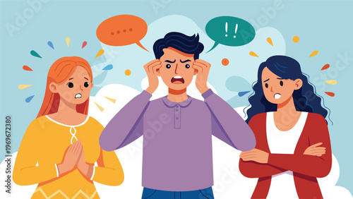 Group of people express different emotions during a conversation on an unclear topic in an outdoor setting during daytime