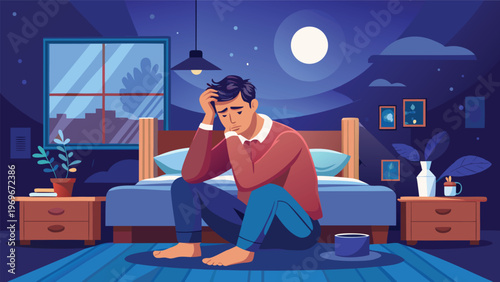 Man sits on bedroom floor at night feeling sad and lost with moonlight shining through the window