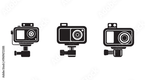 Three black action camera icons in different orientations for recording video  various angles of a digital camera for capturing photos and videos