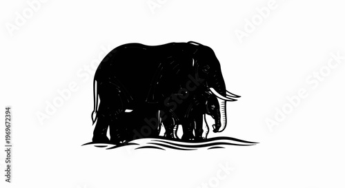 Two black elephants, adult and calf, stand in wavy water