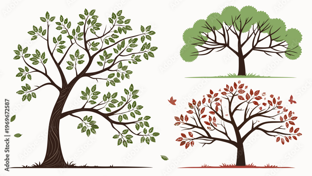 Fototapeta premium Vector image of garden and fruit trees for landscape design. Spring bloom, summer foliage, and autumn harvest. For infographics and web design.