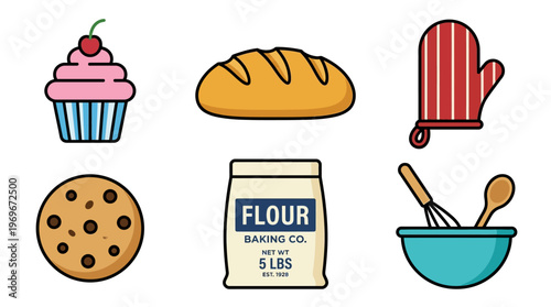 Baking icons including cupcake, bread, cookie, flour, bowl and oven mitt for cooking and pastry