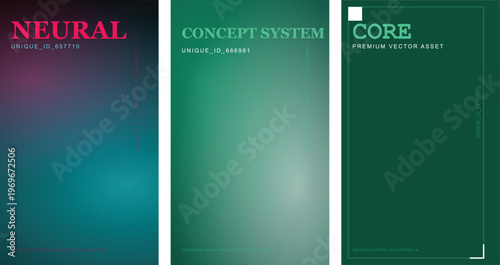 Neural concept system vertical banners, abstract green gradient background set, core premium vector asset for mobile app screens and social media