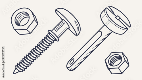Vector illustration of a bolt and a nut on a white background. Clean lines, scalable AI/EPS format. For technical documentation, websites, and infographics.
