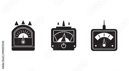Three black and white analog meter icons for measurement and monitoring  electronic devices with dials and gauges for tracking levels and readings