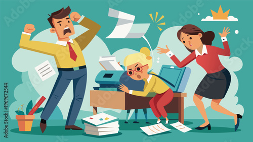 Workers are stressed at the office during a busy day with paperwork flying around and emotions running high