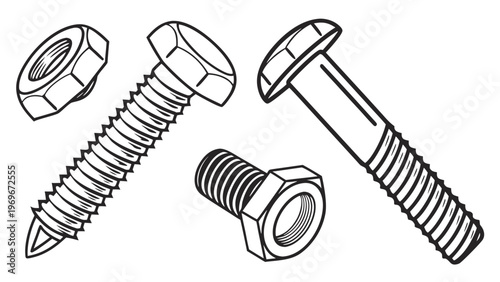 Vector illustration of a bolt and a nut on a white background. Clean lines, scalable AI/EPS format. For technical documentation, websites, and infographics.