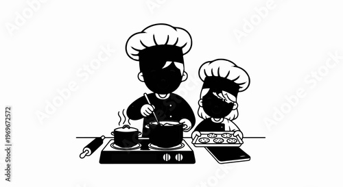 Two chefs in training, one stirring pot, one holding cookies
