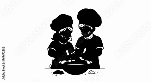 Two children in chef hats mix ingredients in a bowl, smiling