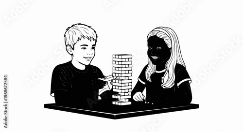 Two children playing a block-tower removal game with concentration